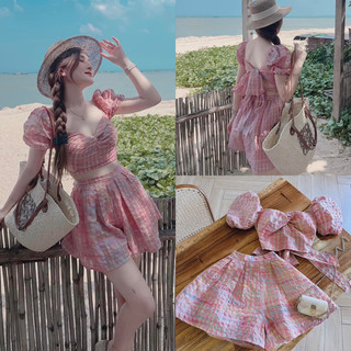 Set áo xoắn ngực tay phồng cột nơ + quần váy xếp li