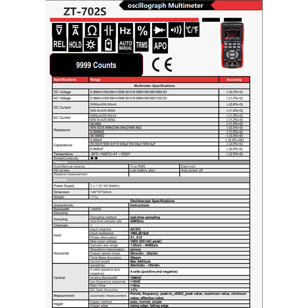 Đồng hồ đo điện kết hợp đo sóng Zoyi ZT-702S Máy hiện sóng, đo điện, đo sóng, màn hình IPS 2,8 inch, băng thông 10 MHZ