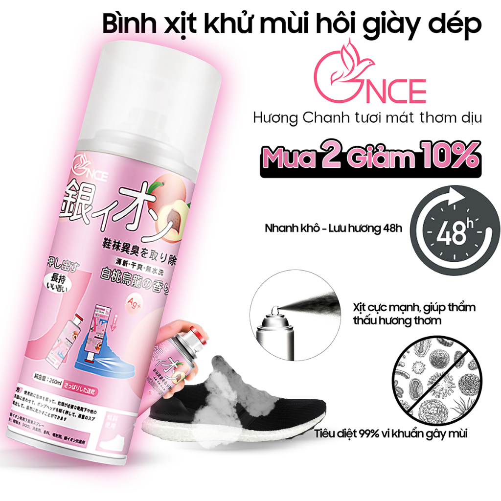 Chai xịt khử mùi hôi giày dép nano ion bạc kháng khuẩn Ximo 1 lọ 260ml hương chanh, bình sịt làm thơm tủ giầy, quần áo.