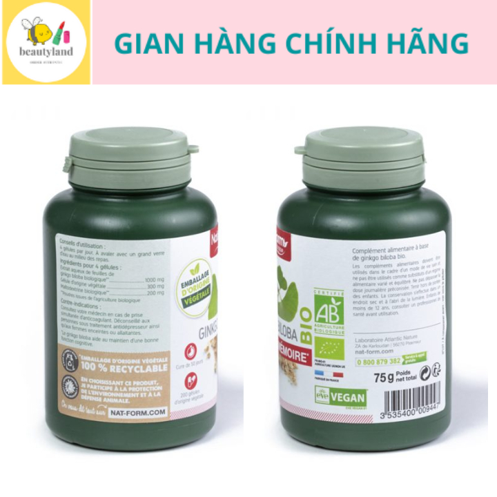 Bổ não Ginkgo Biloba Bio Nat Form tăng cường trí nhớ sản phẩm hữu cơ Pháp hộp 200 viên