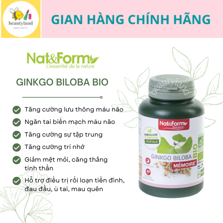 Bổ não Ginkgo Biloba Bio Nat Form tăng cường trí nhớ sản phẩm hữu cơ Pháp hộp 200 viên