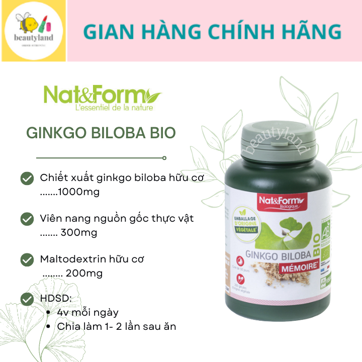 Bổ não Ginkgo Biloba Bio Nat Form tăng cường trí nhớ sản phẩm hữu cơ Pháp hộp 200 viên