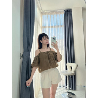 Áo đũi tơ 2 dây trễ vai tay ngắn bo chun 2 lớp cimie
