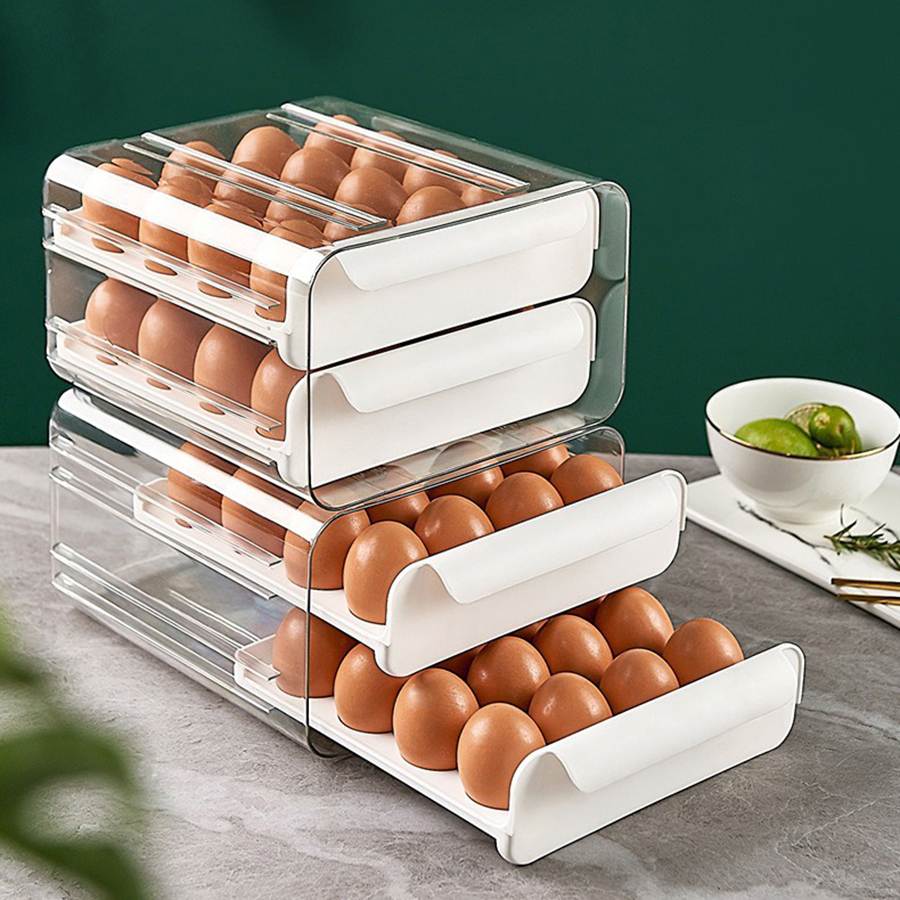 Hộp đựng trứng để tủ lạnh chất liệu Nhựa PET trong suốt không mùi an toàn 2 khay trứng 32 quả tiện lợi - VS306