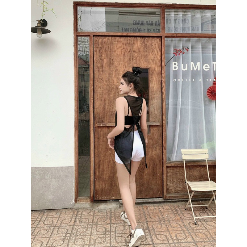 Áo Tank Thể Thao Mặc Ngoài Tập Gym Yoga Nữ - Áo Tank Thể Thao Lưới Nơ Xoắn Lưng, Chất Lưới Mềm Mịn, Co Dãn Nhe