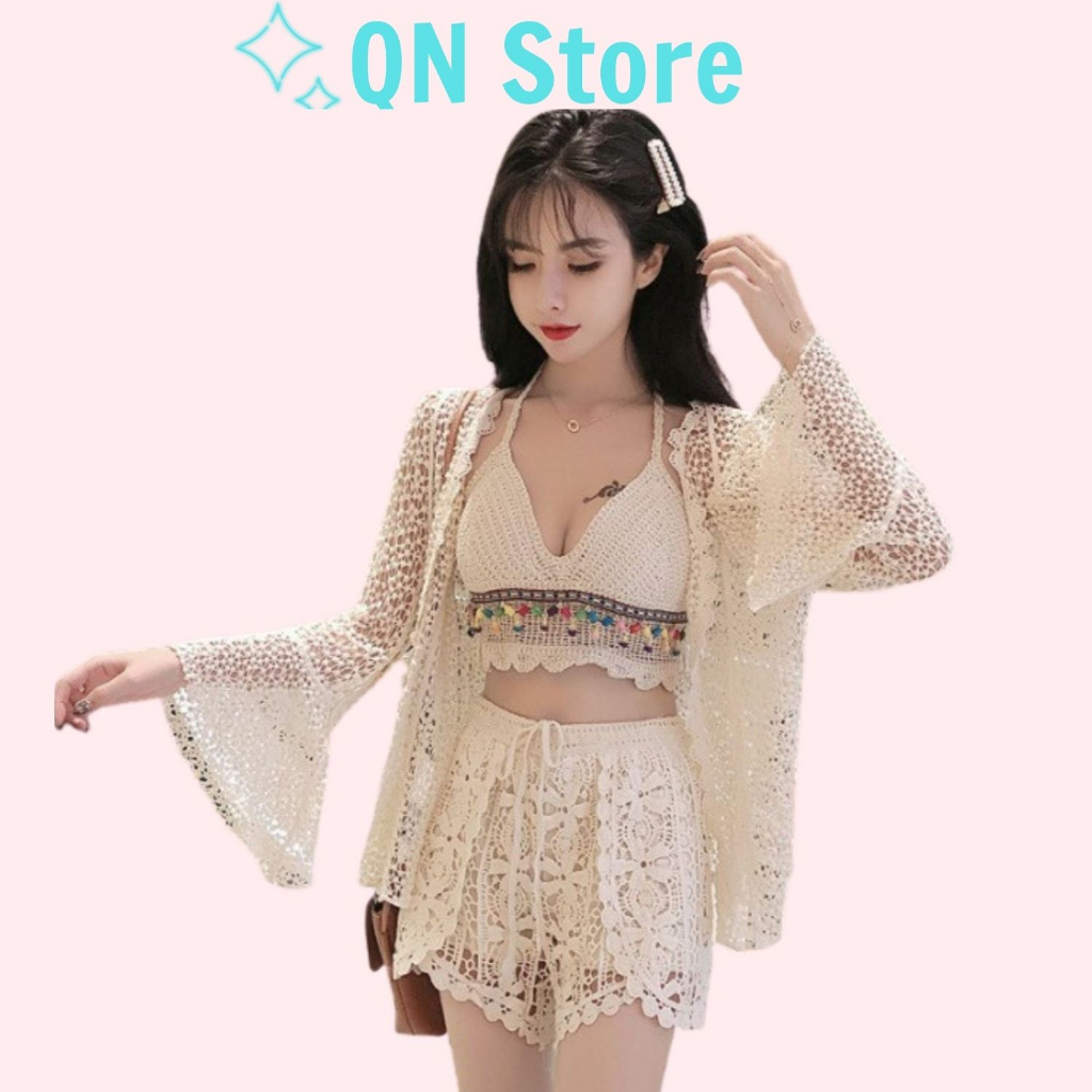 Set Bikini Ren Đi Biển 3 Món Gợi Cảm Mát Mẻ (Bra yếm đính hạt - Quần ren hoa - Choàng hoa lưới ) QN Store - 098