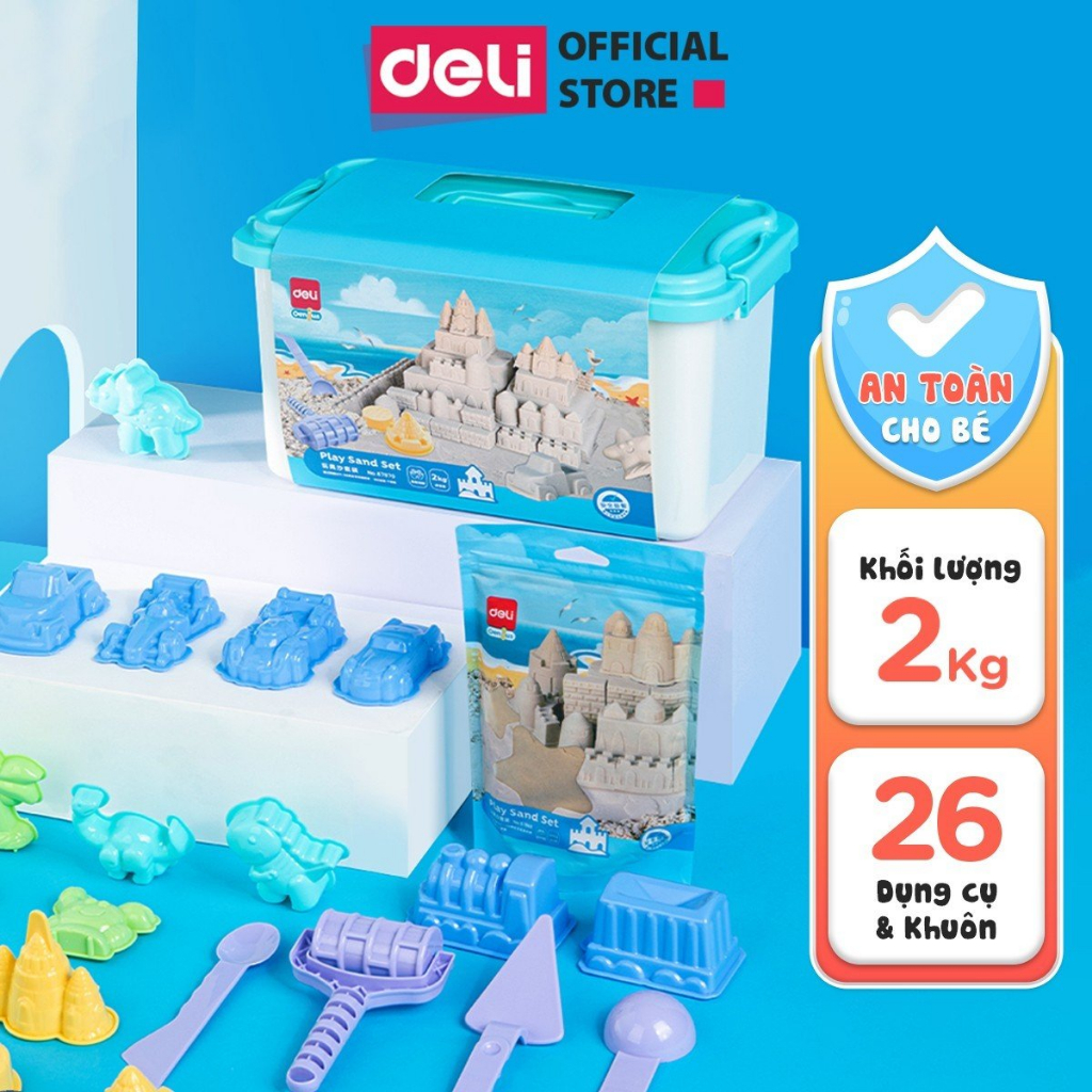 Bộ Đồ Chơi 1.5Kg Cát Động Lực Deli - Kèm Túi Dệt Đựng Cát Và Bộ Khuôn Tạo Hình Cát Vi Sinh, Không Dính Tay, An Toàn