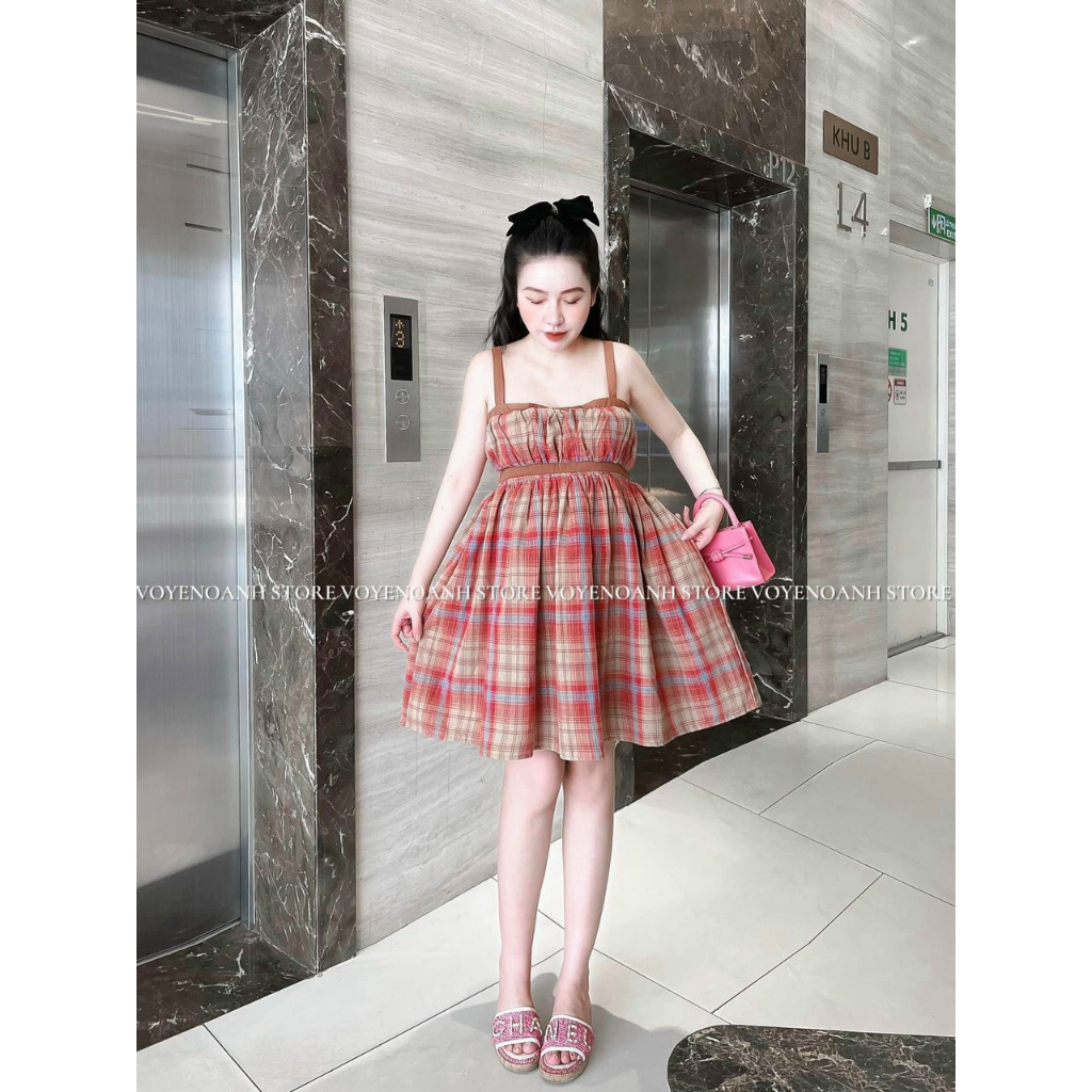 Váy kẻ caro 2S ngực phối viền vai eo from rộng babydoll dáng ngắn xèo cực dễ thương bánh bèo, mặc đi chơi, đi tiệc xinh