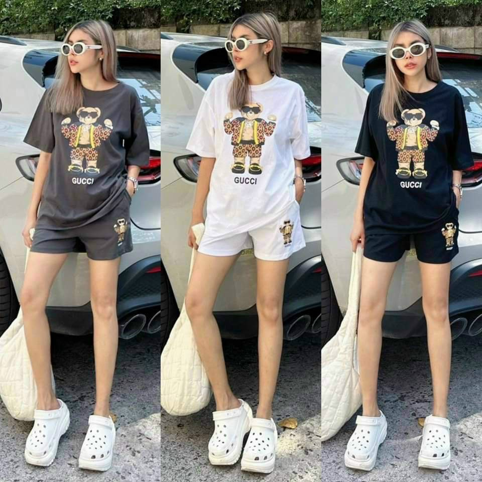 [7,7 Sales Freeship] Set bộ đùi thun nữ mặc đi chơi, bộ đùi áo thun from rộng tay ngắn in gấu đơn giản, cá tính mtb