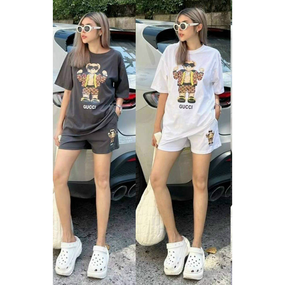 [7,7 Sales Freeship] Set bộ đùi thun nữ mặc đi chơi, bộ đùi áo thun from rộng tay ngắn in gấu đơn giản, cá tính mtb