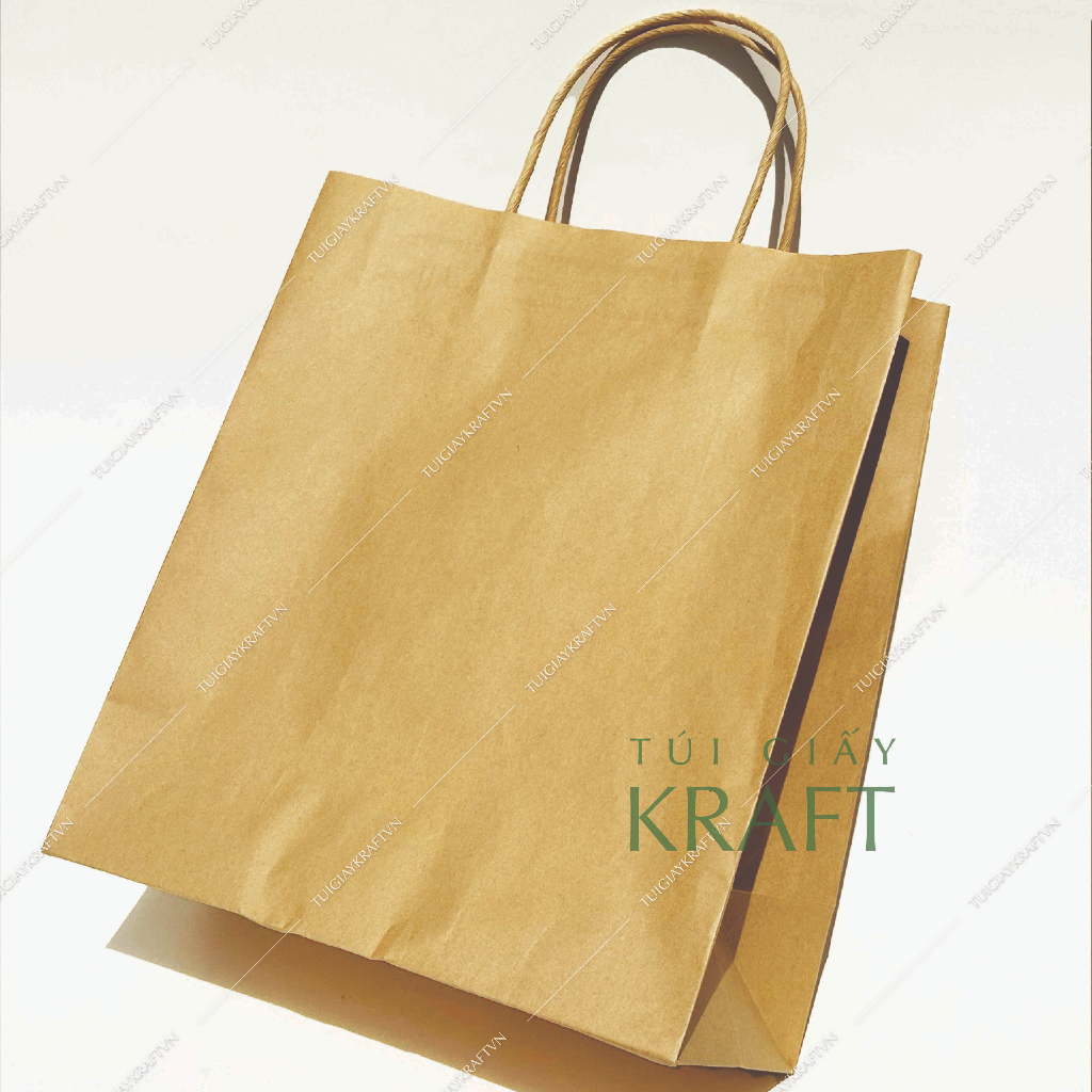 Túi giấy lớn Kraft Nâu trơn 80gsm có sẵn 25 x 28 x 12cm - Quai giấy xoắn