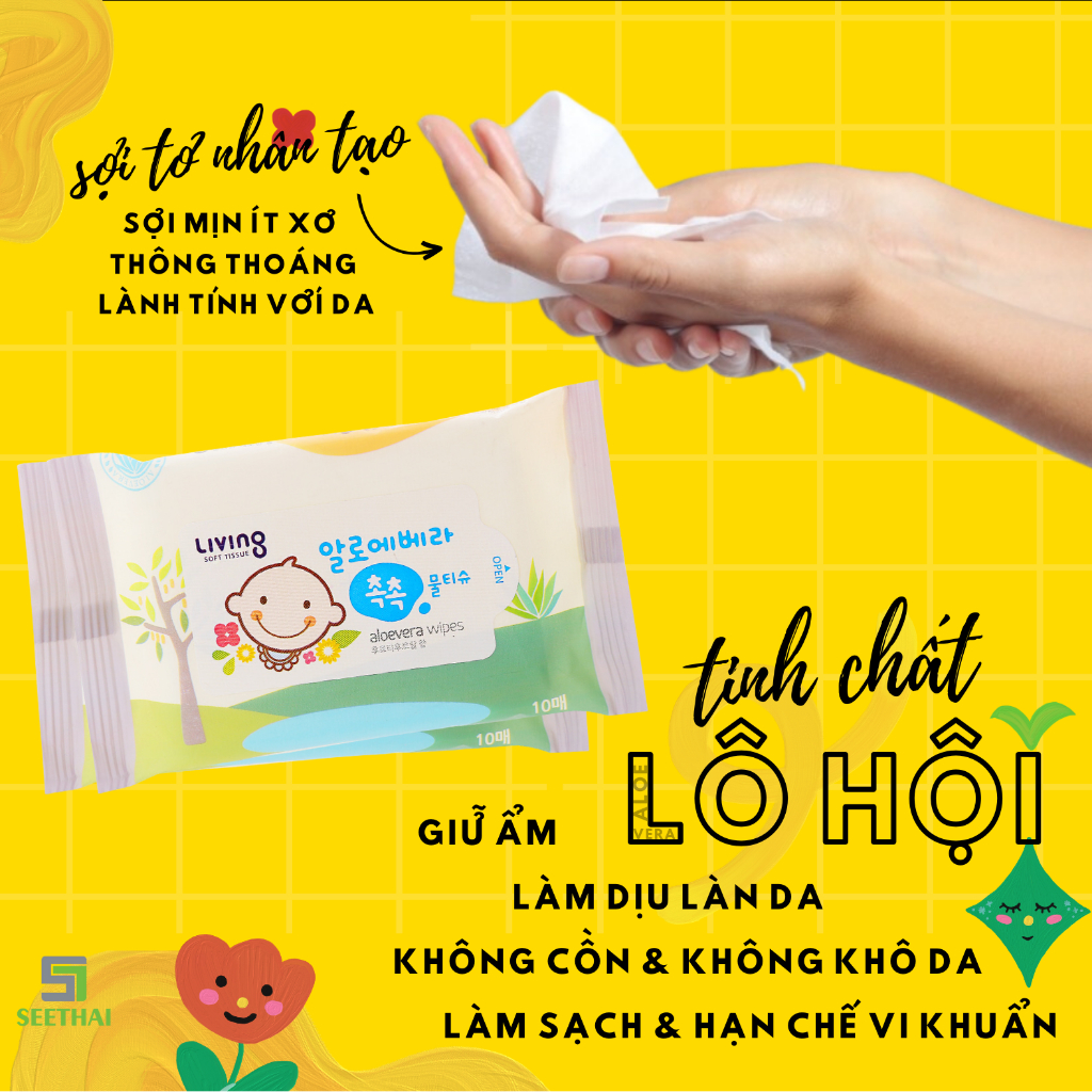 Khăn giấy ướt LIVING Hàn Quốc 10 tờ cồn - túi - Wet tissue