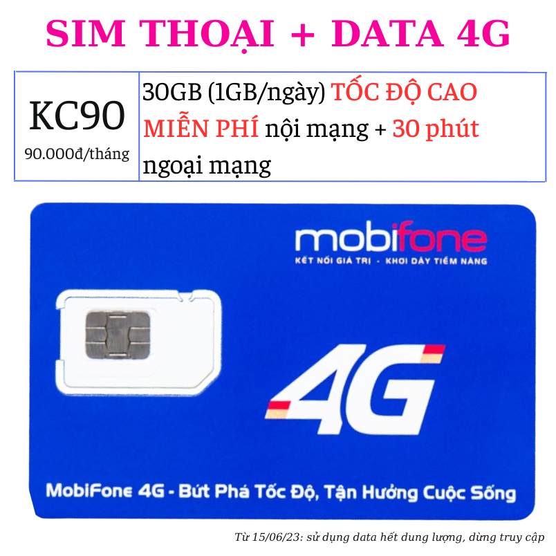 [SIM THOẠI - DATA 30GB - KC90] Sim 4G Mobifone 1 GB/ ngày TỐC ĐỘ CAO, MIỄN PHÍ tất cả cuộc gọi dưới 10 phút - 90k/ tháng