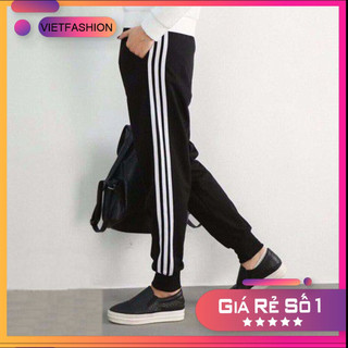 Quần jogger đen 3 sọc trắng bo gấu unisex thể thao cá tính, Quần thể thao Nam Nữ Unisex kẻ 3 sọc năng động