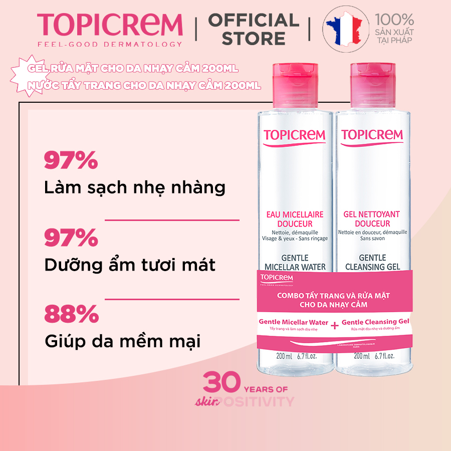 Combo Tẩy trang Topicrem Gentle Micellar Water 200ml và Rửa mặt Topicrem Gentle Cleansing Gel 200ml giúp làm sạch da nhẹ