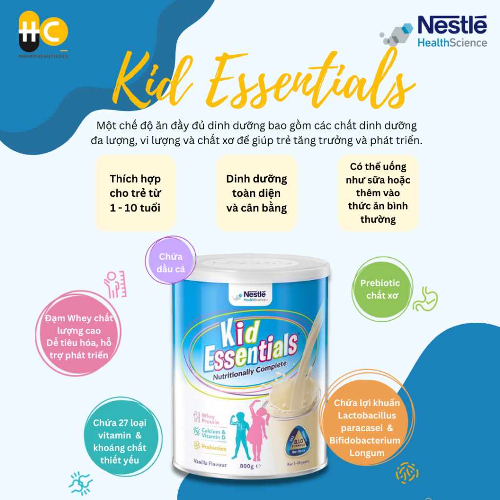 Sữa Bột Kid Essentials Sữa Úc nhập khẩu mẫu mới cho trẻ biếng ăn, chậm tăng cân Nestlé Health Science 800g