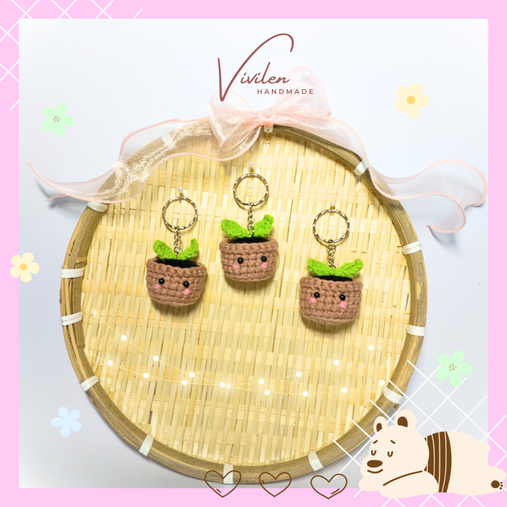 Móc khóa len, móc khóa chậu cây mầm size mini dễ thương