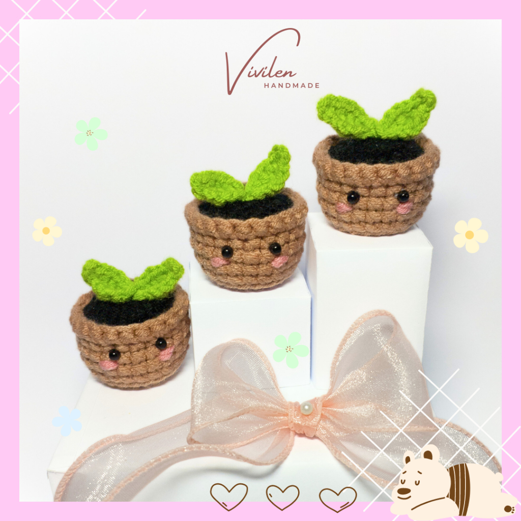 Móc khóa len, móc khóa chậu cây mầm size mini dễ thương