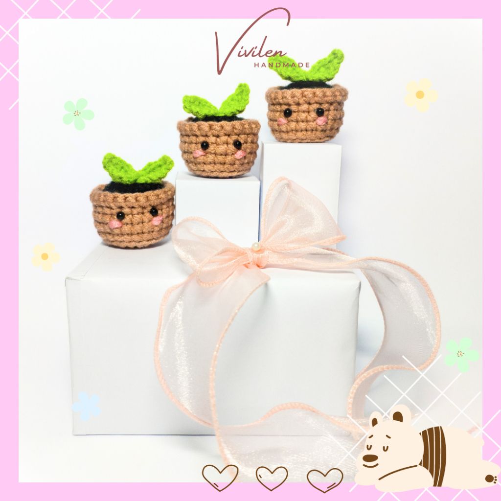 Móc khóa len, móc khóa chậu cây mầm size mini dễ thương