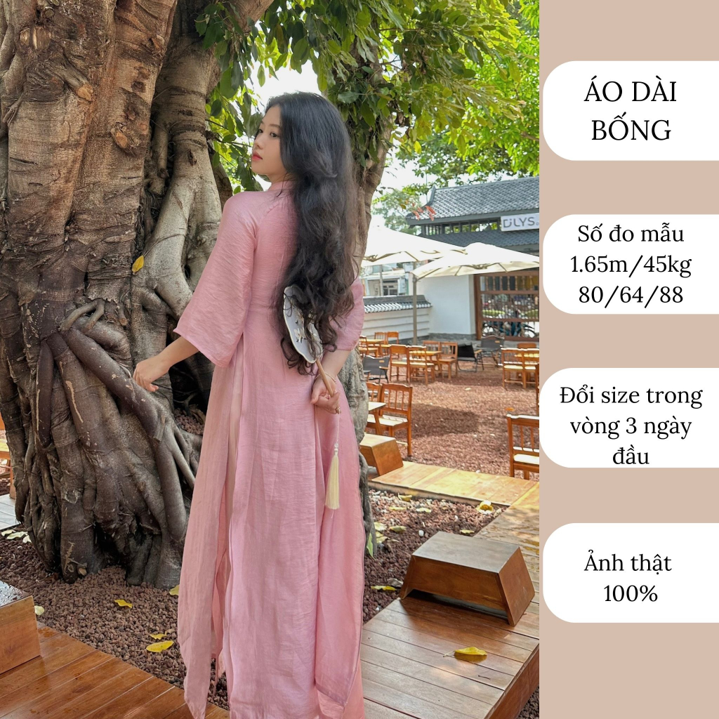 Áo dài hồng phấn bốn tà kèm quần thiết kế cao cấp may sẵn