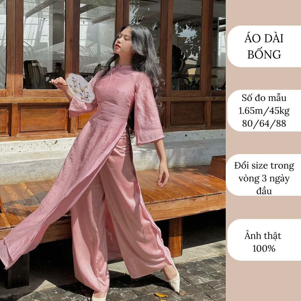 Áo dài hồng phấn bốn tà kèm quần thiết kế cao cấp may sẵn