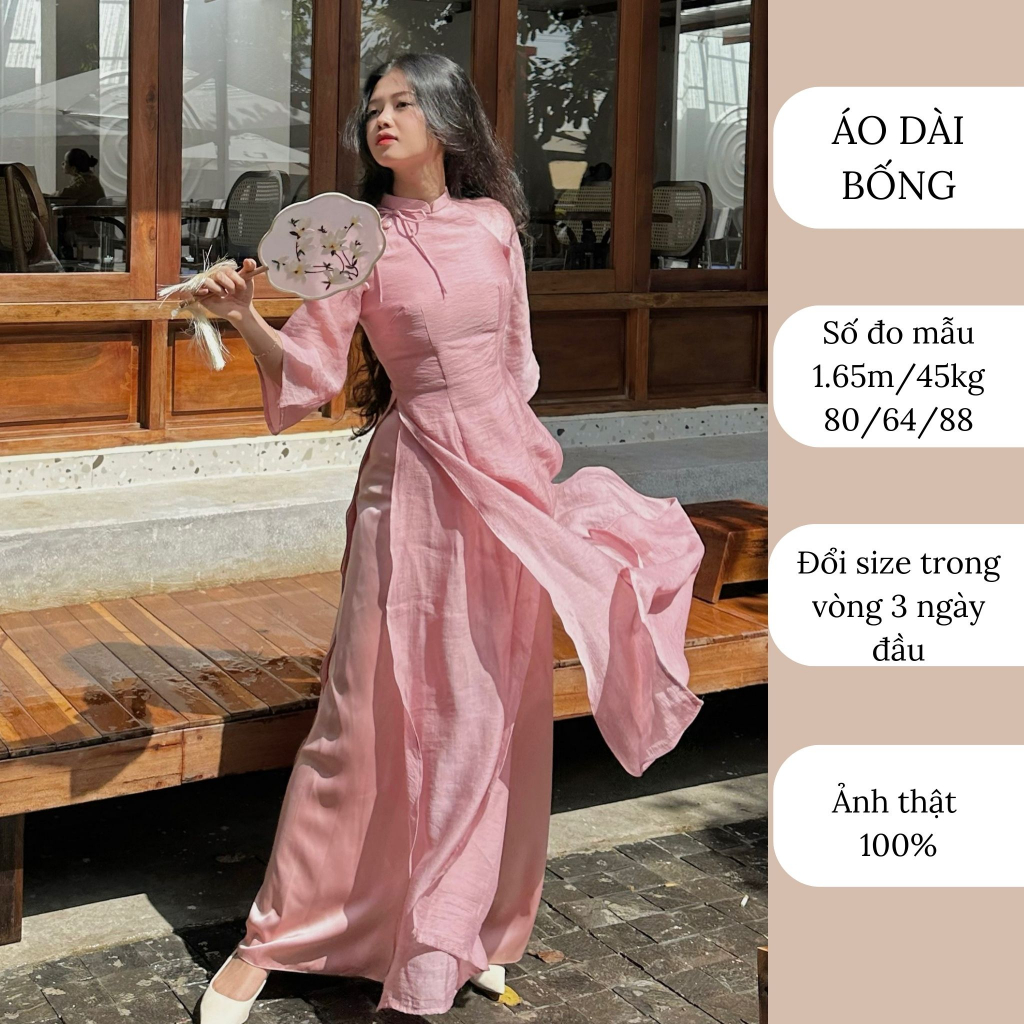 Áo dài hồng phấn bốn tà kèm quần thiết kế cao cấp may sẵn