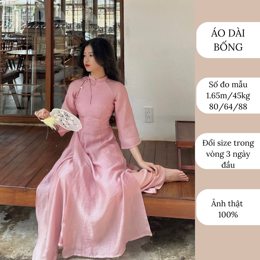 Áo dài hồng phấn bốn tà kèm quần thiết kế cao cấp may sẵn