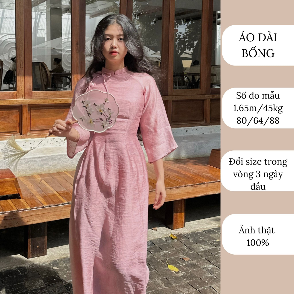 Áo dài hồng phấn bốn tà kèm quần thiết kế cao cấp may sẵn