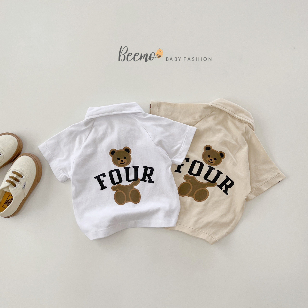 Set bộ quần áo bé trai Beemo kéo khoá in gấu FOUR sau lưng, mặc hè, vải cotton mát mẻ, co giãn 1 - 7 tuổi 23153B