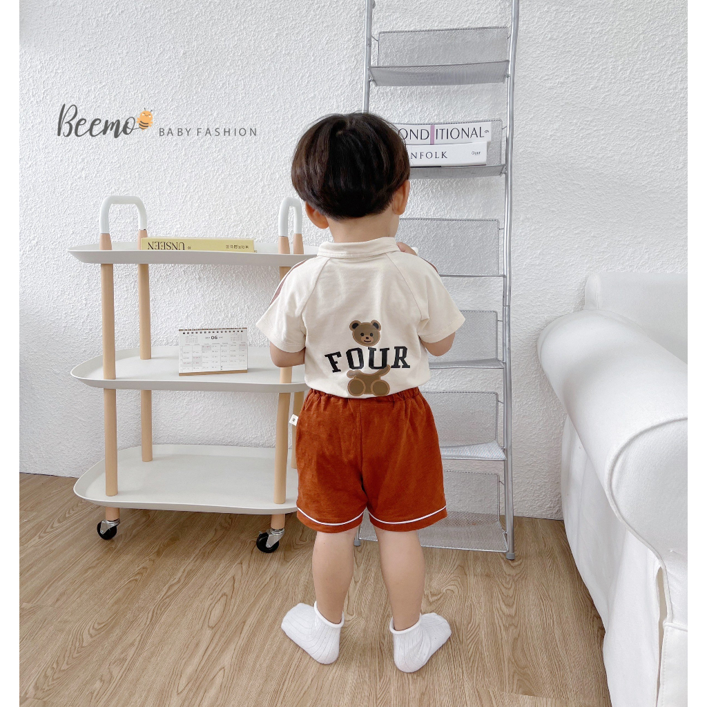 Set bộ quần áo bé trai Beemo kéo khoá in gấu FOUR sau lưng, mặc hè, vải cotton mát mẻ, co giãn 1 - 7 tuổi 23153B