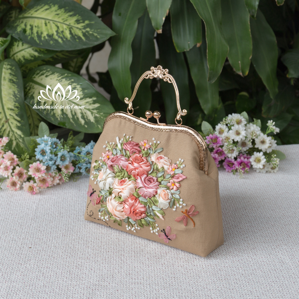 Túi thêu ruy băng, túi thêu tay, túi handmade, xách nữ phong cách vintage, thêu hoa ruy băng độc đáo