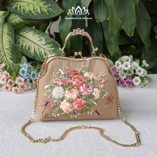 Túi thêu ruy băng, túi thêu tay, túi handmade, xách nữ phong cách vintage, thêu hoa ruy băng độc đáo