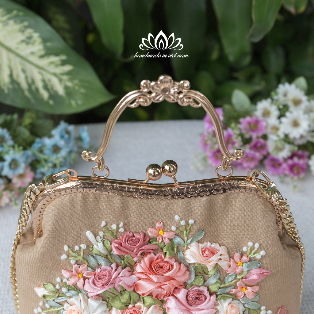 Túi thêu ruy băng, túi thêu tay, túi handmade, xách nữ phong cách vintage, thêu hoa ruy băng độc đáo