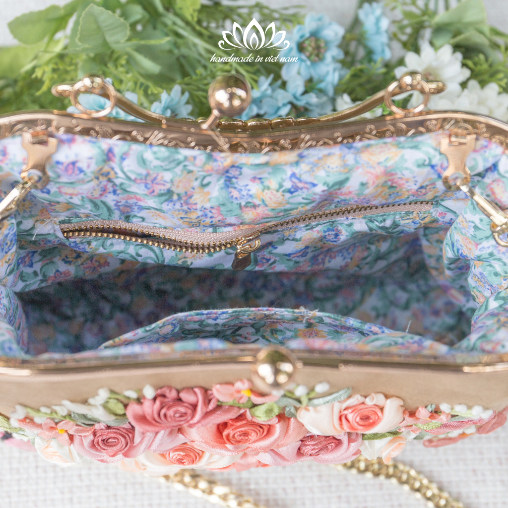 Túi thêu ruy băng, túi thêu tay, túi handmade, xách nữ phong cách vintage, thêu hoa ruy băng độc đáo