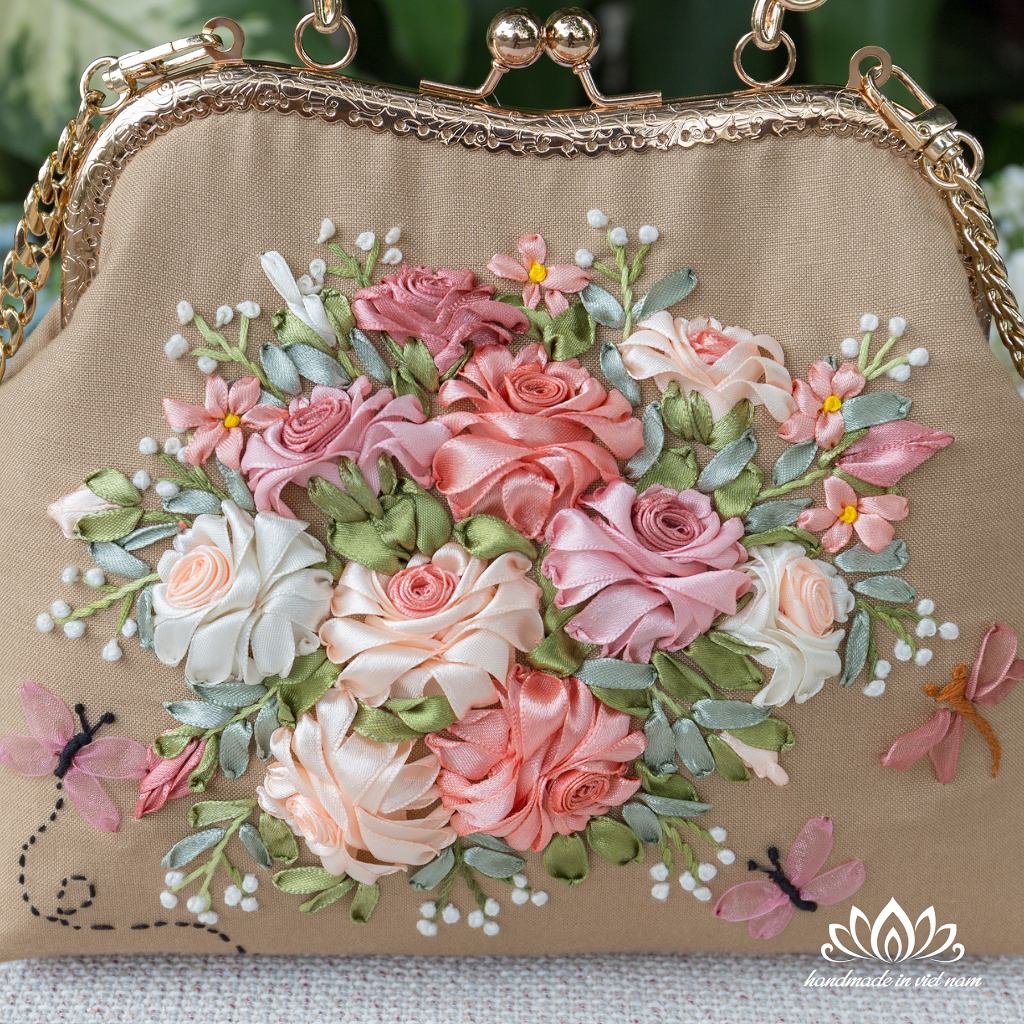 Túi thêu ruy băng, túi thêu tay, túi handmade, xách nữ phong cách vintage, thêu hoa ruy băng độc đáo