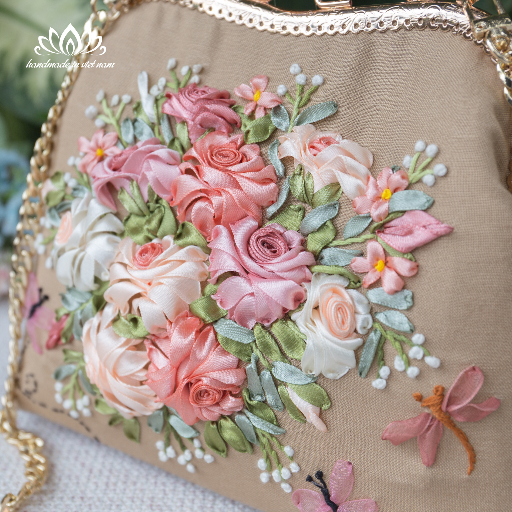 Túi thêu ruy băng, túi thêu tay, túi handmade, xách nữ phong cách vintage, thêu hoa ruy băng độc đáo