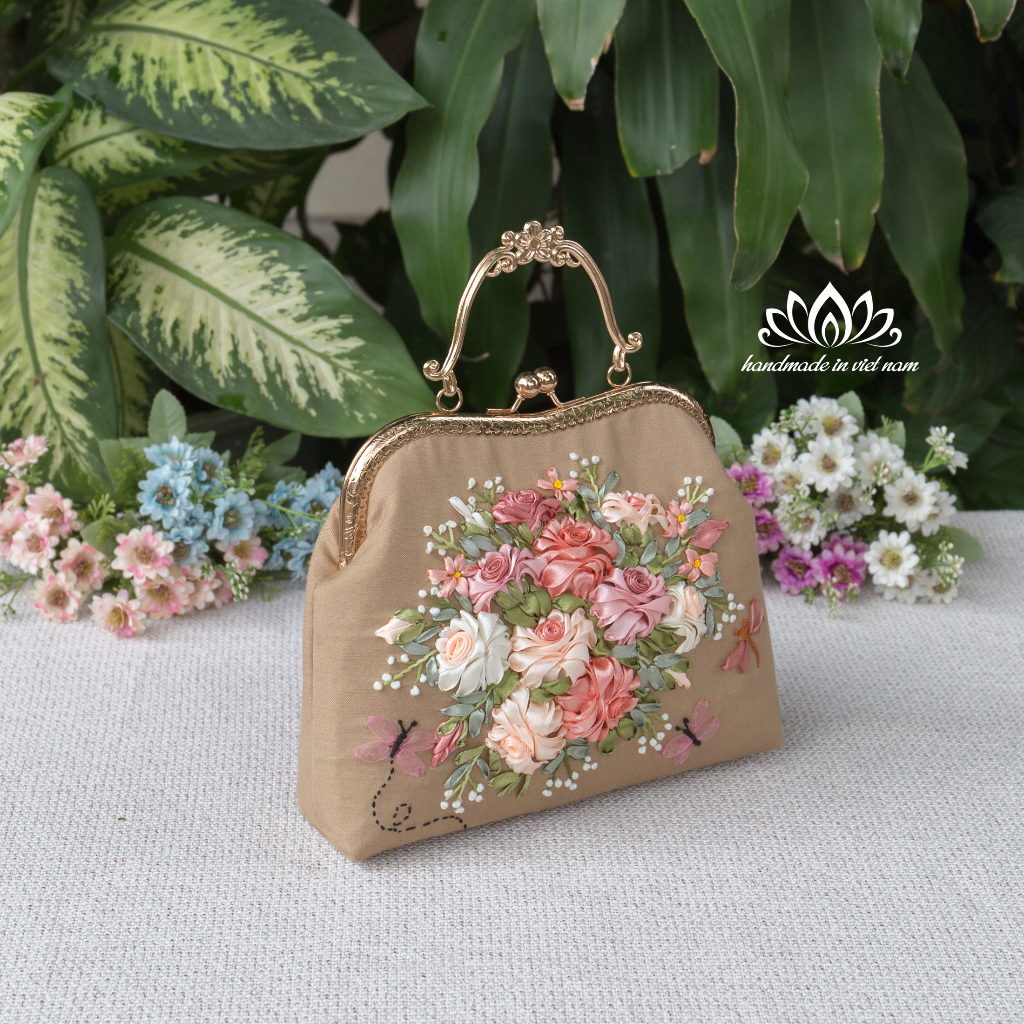 Túi thêu ruy băng, túi thêu tay, túi handmade, xách nữ phong cách vintage, thêu hoa ruy băng độc đáo