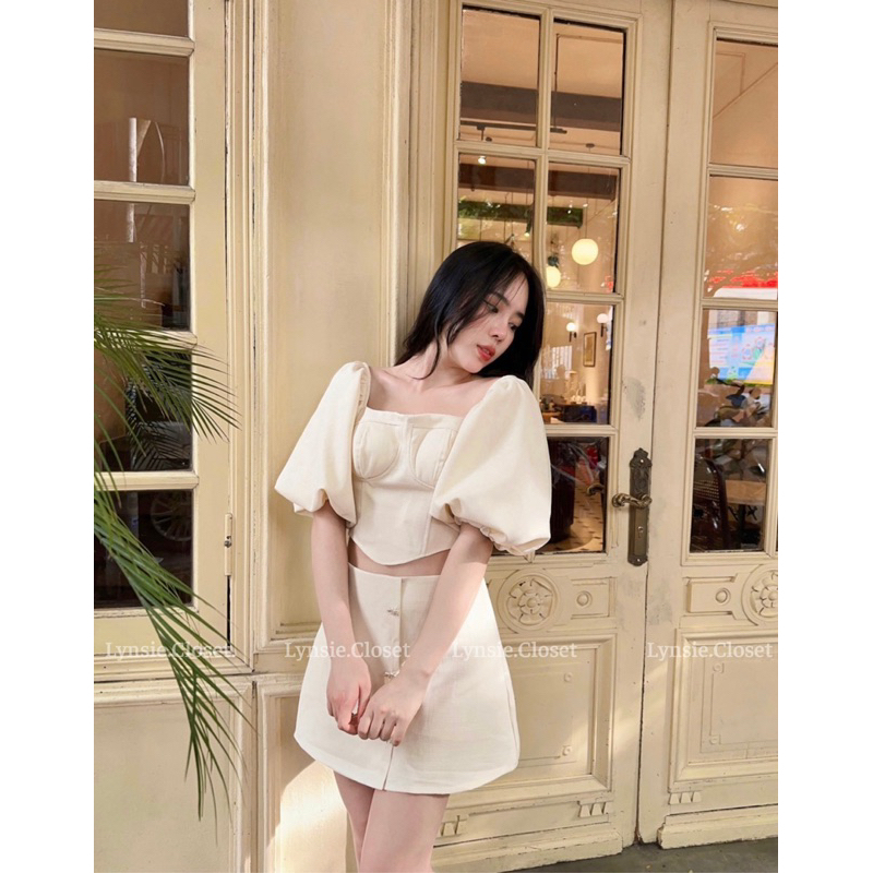 Set áo tay bồng corset và chân váy xinh sang tiểu thư mặc nhiều kiểu trễ vai và tay bồng