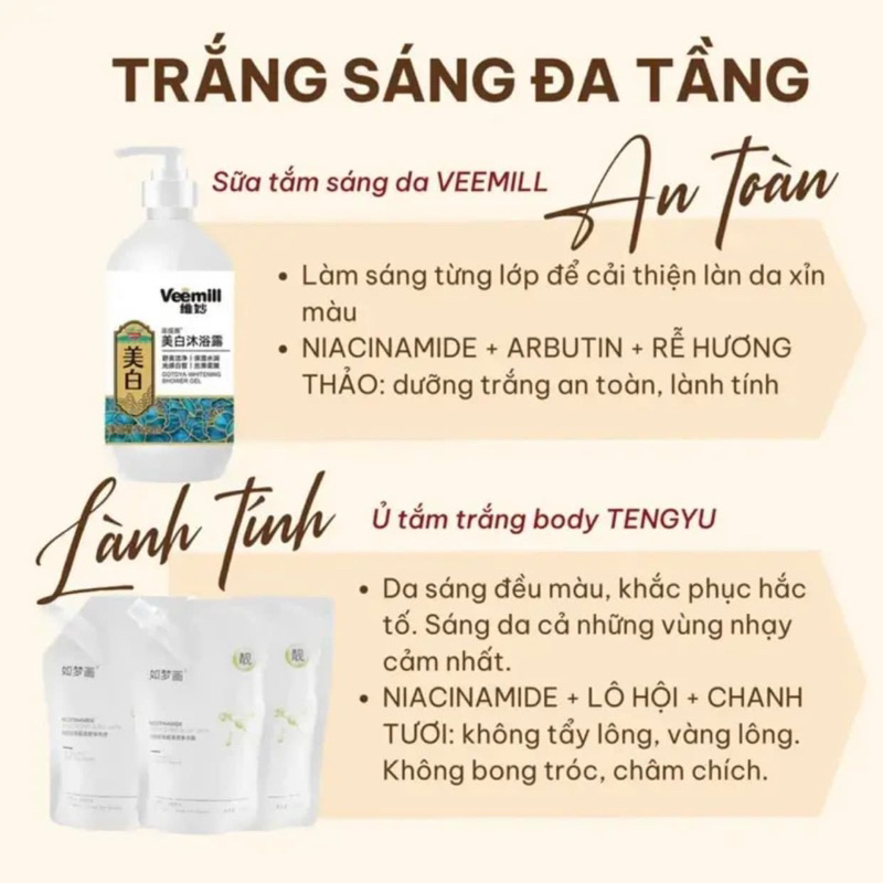 Combo Ủ sáng da Tengyu 300ml và Sữa tắm sáng da Veemill 500ml - Hàng nội địa Trung