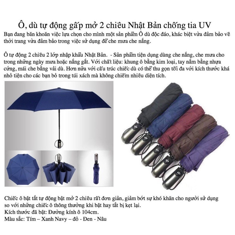Ô Gấp Gọn Tự Động Đóng Mở 2 Chiều Loại To 10 Nan Cao Cấp Vải Chống Thấm