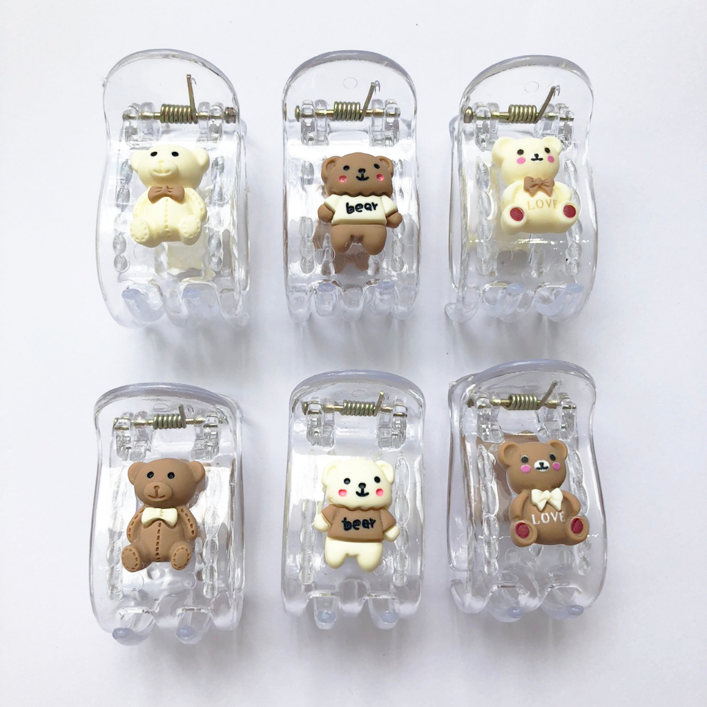 01 Kẹp tóc gấp tóc càng cua hình gấu Nâu Kem dễ thương 3 răng 5 răng nền trong suốt 3r5r_GấuNEW_NâuKem