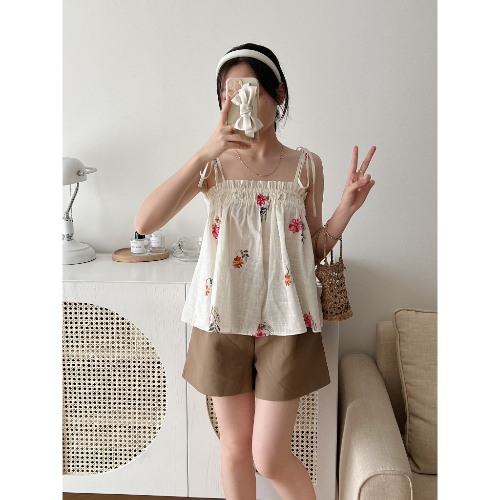 Áo hai dây babydoll hoa nhí thêu, áo babydoll hai dây buộc nơ vai from_girls - SM228