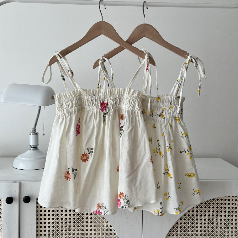 Áo hai dây babydoll hoa nhí thêu, áo babydoll hai dây buộc nơ vai from_girls - SM228