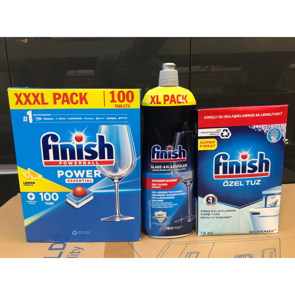 Bộ Sản phẩm Finish : Hộp 100 Viên - Muối 1,5Kg - Nước bóng 800ML -Hàng chính hãng - Chuyên dùng cho máy rửa chén