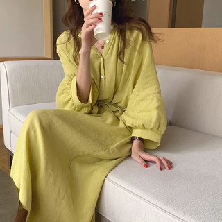 Đầm sơ mi chic thắt eo màu vàng mù tạt dáng suông thời trang ulzzang Hàn Quốc