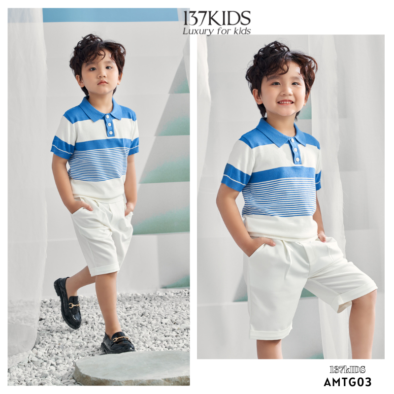 Áo polo len mongtoghi ngắn tay 137Kids kiểu kẻ sọc vải dệt kim thoáng khí mát mẻ cho bé