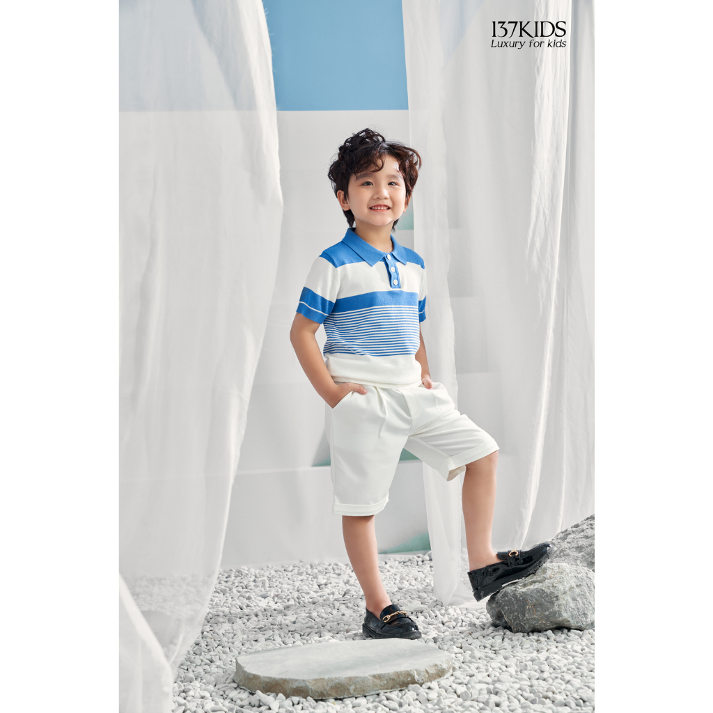 Áo polo len mongtoghi ngắn tay 137Kids kiểu kẻ sọc vải dệt kim thoáng khí mát mẻ cho bé