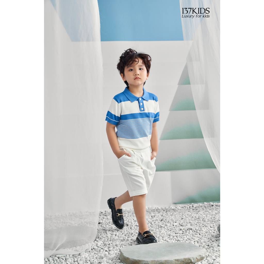 Áo polo len mongtoghi ngắn tay 137Kids kiểu kẻ sọc vải dệt kim thoáng khí mát mẻ cho bé