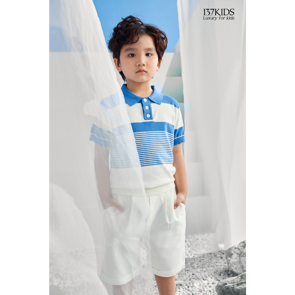Áo polo len mongtoghi ngắn tay 137Kids kiểu kẻ sọc vải dệt kim thoáng khí mát mẻ cho bé