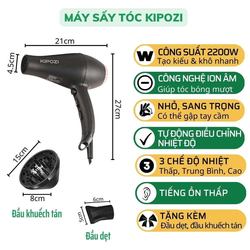 Máy sấy tóc chính hãng KIPOZI EU-8233HD hai chiều nóng lạnh công suất 2200w giúp tóc nhanh khô, mềm mượt và giảm rụng